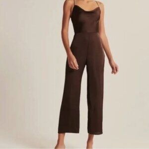 Abercrombie & Fitch Women's Large T Brown Satin Wide Leg Jumpsuit NWT
